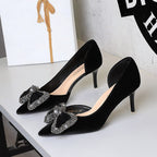 Wind Black Dignified Rhinestone Decorative Bowknot Pointed Shallow Mouth Side