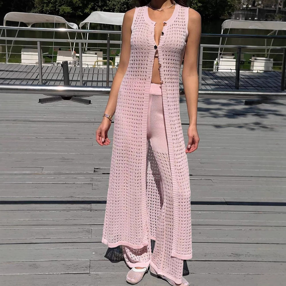 Blouse Hollow Out Cutout Vest Cardigan Beach Outerwar Knitted Dress See Through Trousers Two-Piece Set