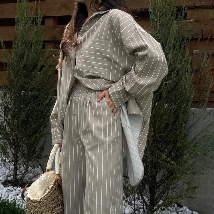 Striped Loose Long Sleeved Shirt Wide Leg
