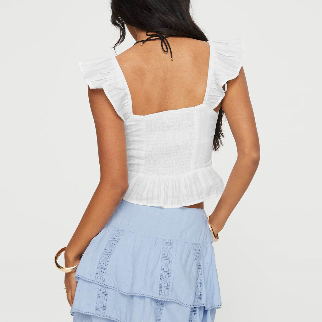 Women’s White Lace Ruffle Tie Front Crop Top