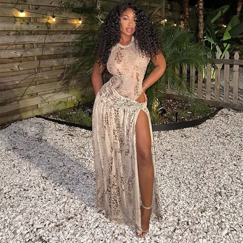 Women Clothing Summer Snake Print Sleeveless Jumpsuit Half Length Slit Skirt Set