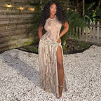 Women Clothing Summer Snake Print Sleeveless Jumpsuit Half Length Slit Skirt Set