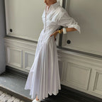 Design Pleated Single Breasted Shirt Dress Autumn Polo Collar Long Sleeve High Waist White Long Dress