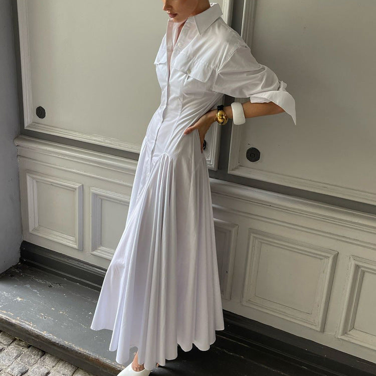 Design Pleated Single Breasted Shirt Dress Autumn Polo Collar Long Sleeve High Waist White Long Dress
