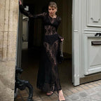 Black Sheer Lace Long Sleeve Maxi Dress