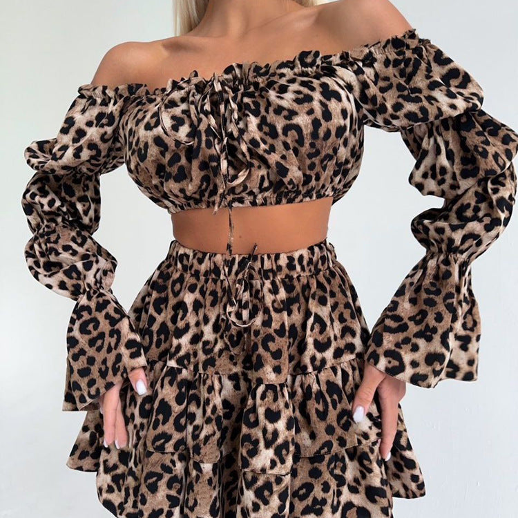 Leopard Print Printed off Neck Bell Sleeve