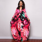 Pink rose and black floral one-piece swim dress with V-neck and loose drape