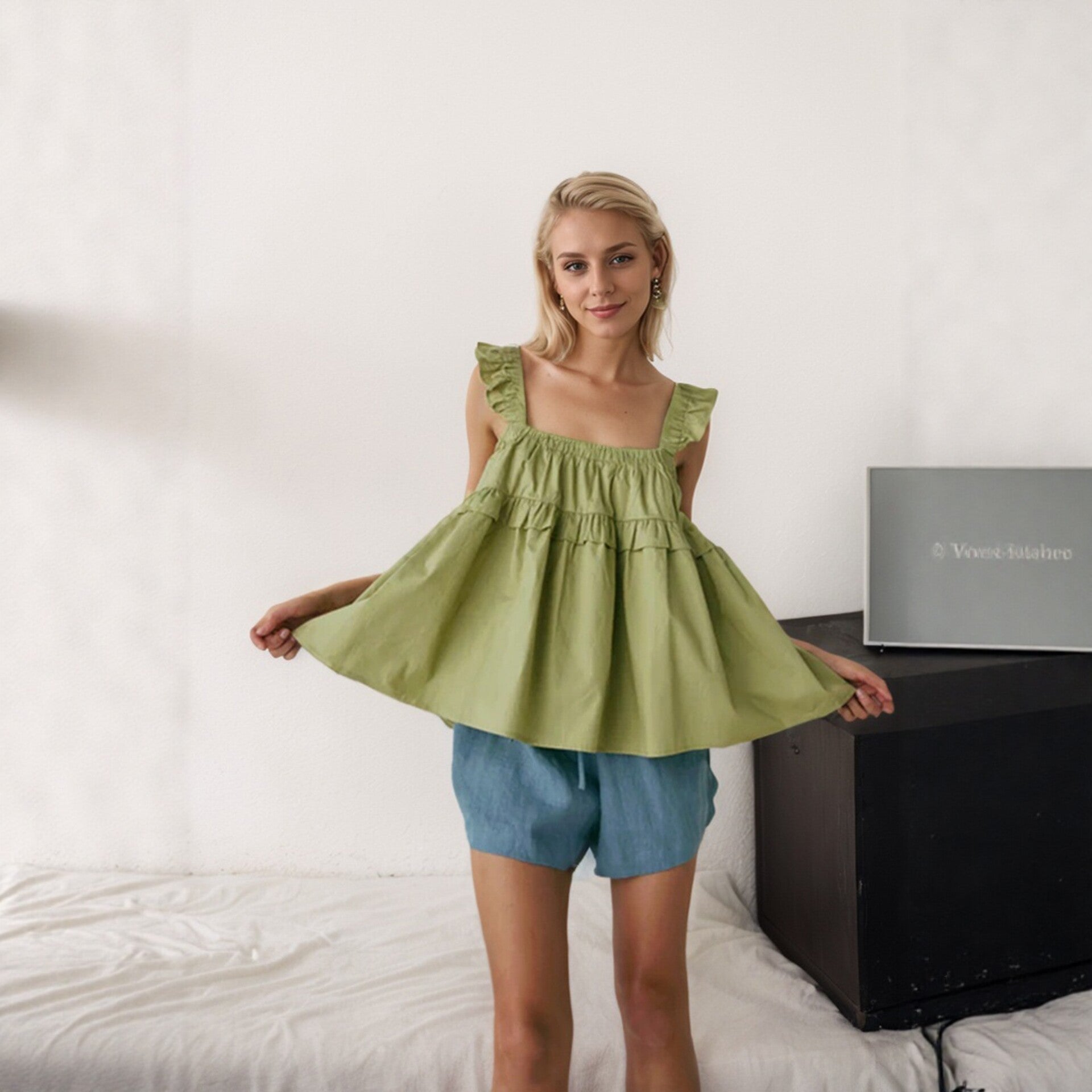 Ruffled Flounced Sleeve Camisole Pleated Design Loose All