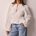 Button Front Puff Sleeve Slim Fit Cardigan Top