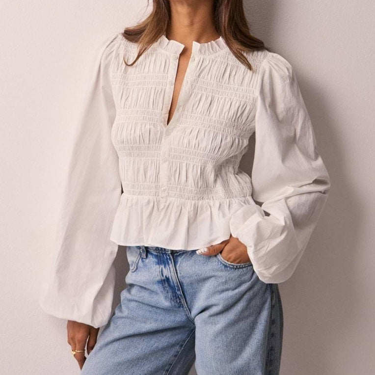 Button Front Puff Sleeve Slim Fit Cardigan Top