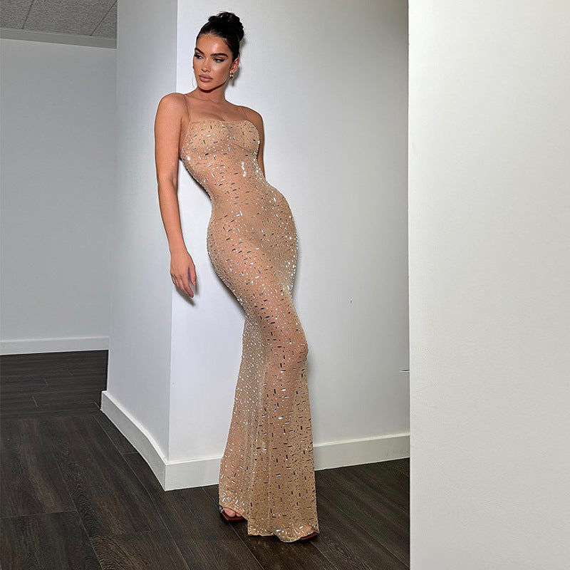 Sexy Tight High Waist Rhinestone Fishtail Dress Sling Dress