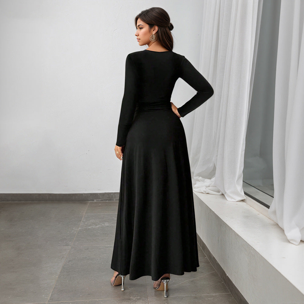 Women's Retro Deep V Plunge Neck Long Sleeve Split Black Large Swing Dress Women Slim Waist Elegant Formal Dress