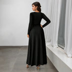 Women's Retro Deep V Plunge Neck Long Sleeve Split Black Large Swing Dress Women Slim Waist Elegant Formal Dress