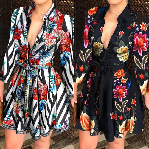 Fall Women Clothing Slim Fit Floral Printing Collared Single Breasted Shirt Long Sleeve Dress