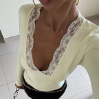 Women's V-Neck Lace Long Sleeve Slim Fit Top