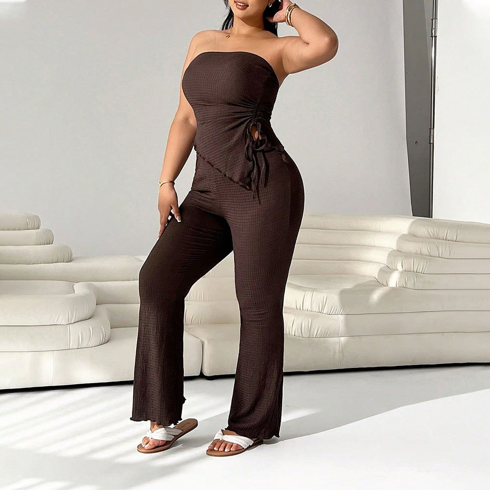 Retro Tied Slim Fit Tube Top with Wide Leg Pants Women Summer Wear Slimming Graceful Fashionable Two Piece Set