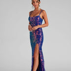 Women's off Neck Sequined Floor Length Evening Dress Slit Cocktail Party Dress for