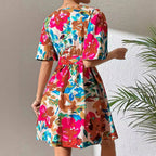 Floral Print Cross-Collar Belt Dress