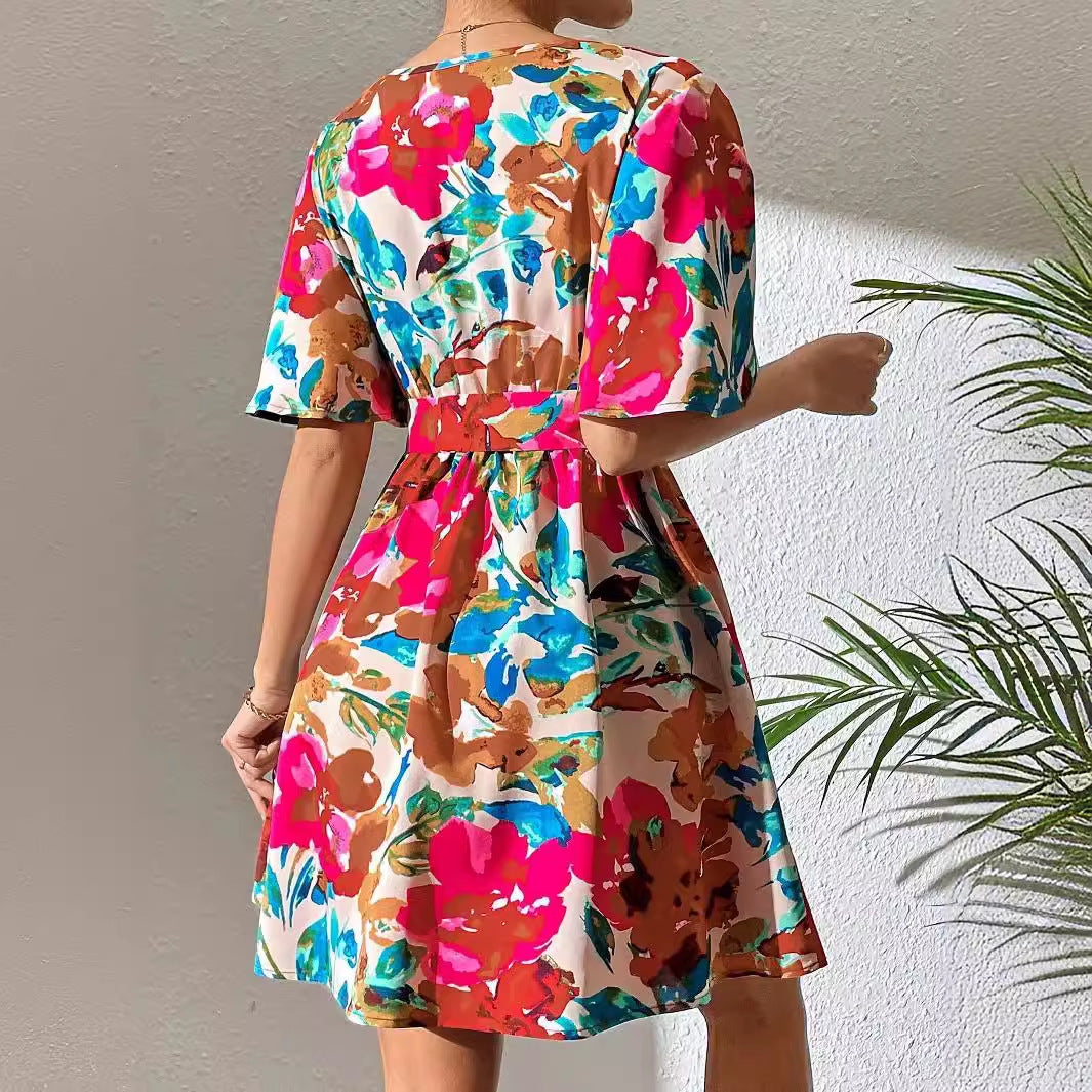 Floral Print Cross-Collar Belt Dress