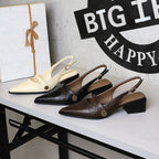 Women's Retro Brown Camellia Pumps Word With Chunky Heel Low Heel Back Empty Back