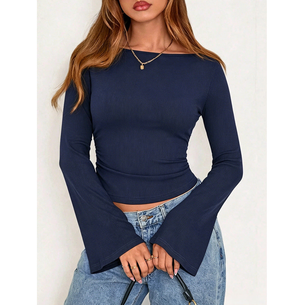Autumn Winter Women Clothing O neck Short Bell Sleeve Slim Fit Top