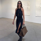 Deep V Plunge neck Bare Back Halter Strap Pleated Waist Tight Slit Dress