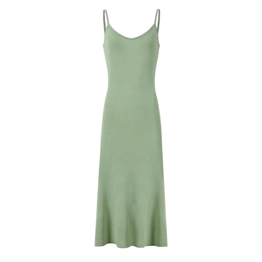 Light green maxi silk slip dress with thin spaghetti straps and straight skirt