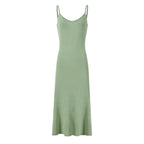 Light green maxi silk slip dress with thin spaghetti straps and straight skirt