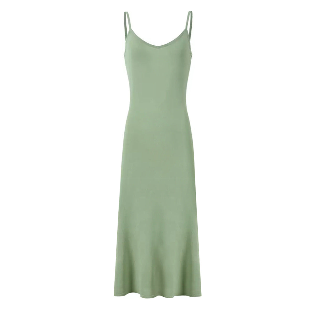 Light green maxi silk slip dress with thin spaghetti straps and straight skirt