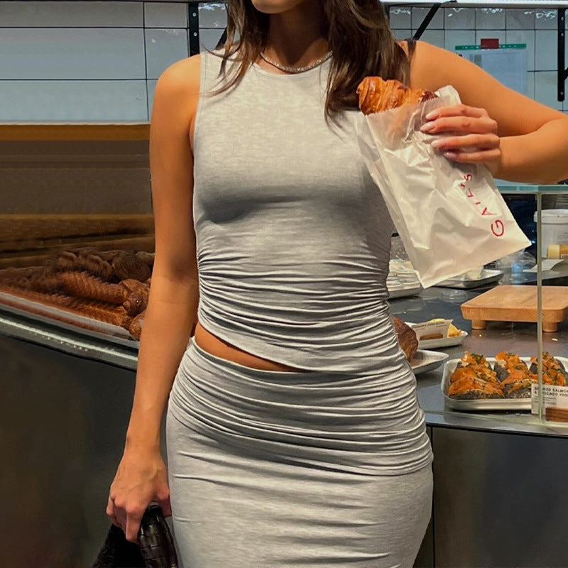 Women's Summer round Neck Sleeveless Top Slim Fit Slit Skirt Set