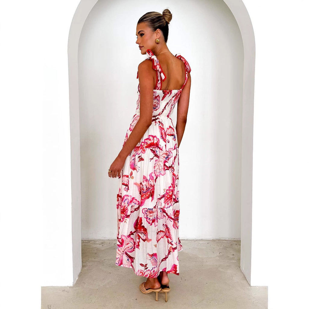 Smocking Elastic Waist Knotted Shoulder Strap A-Line Dress Long