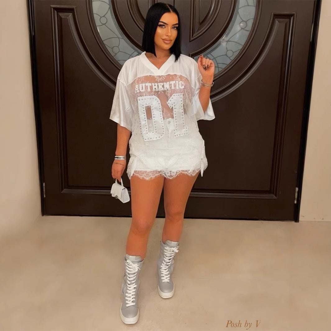 Women's Autumn Printed Loose Casual Street See Through Sexy Lace Stitching T Shirt Short Sleeve Top