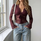 Lace Flare Sleeve V Neck Bodysuit
