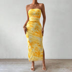 Women's Floral Strapless Ruched Split Midi Dress