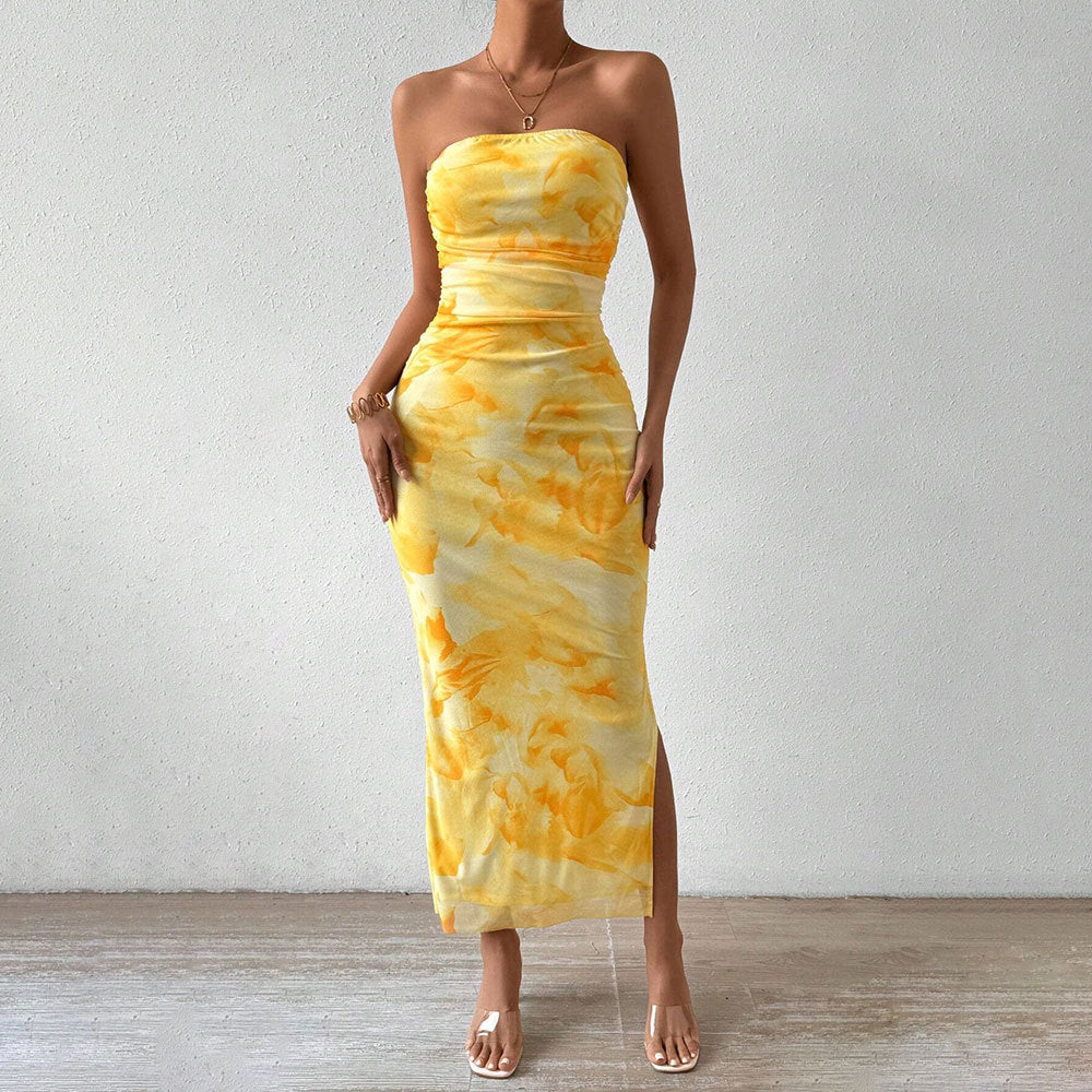 Women's Floral Strapless Ruched Split Midi Dress