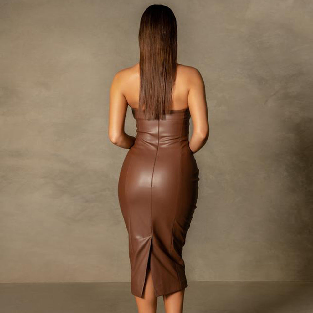 Women's Autumn Winter Solid Color Faux Leather Elegant Slim-Fit Tube Top Dress