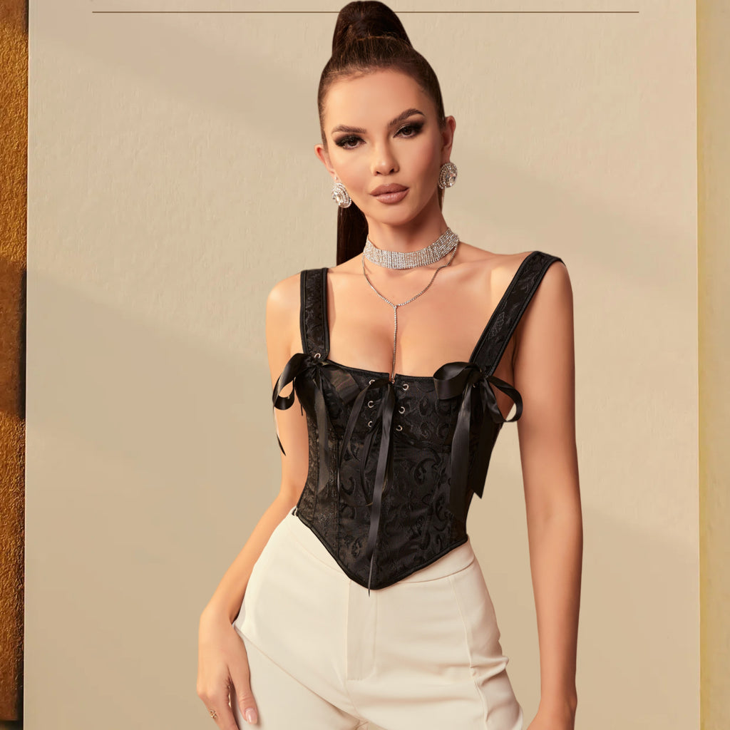 Black Jacquard Retro Court Shaper Waist Push Up Bone Shoulder