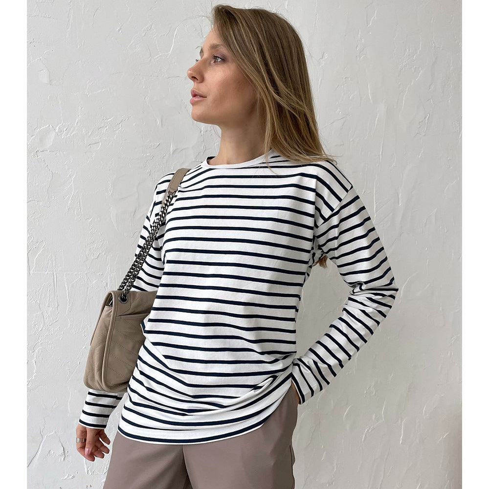 Women's Long Sleeved Striped T Shirt Spring Trendy Wild Casual Round Neck Cotton Striped T Shirt