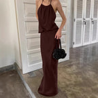 Summer Suit Women's Imitation Acetate Sexy Backless Lace up Halter Spaghetti Straps Vest Straight Skirt Two Piece Set