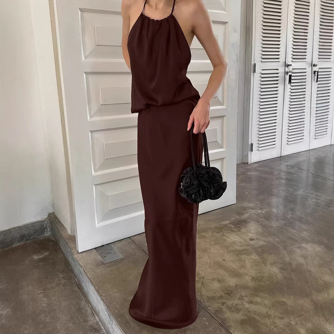 Summer Suit Women's Imitation Acetate Sexy Backless Lace up Halter Spaghetti Straps Vest Straight Skirt Two Piece Set