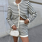 Women's Striped Round Neck Knitted Cardigan Casual Sweater