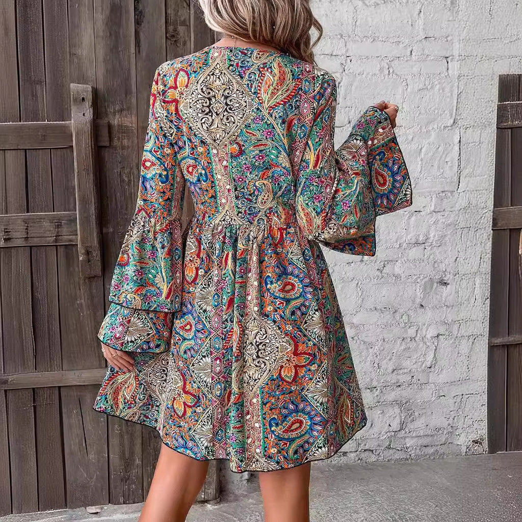 Floral Print V-Neck Flare-Sleeve Dress