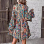 Floral Print V-Neck Flare-Sleeve Dress