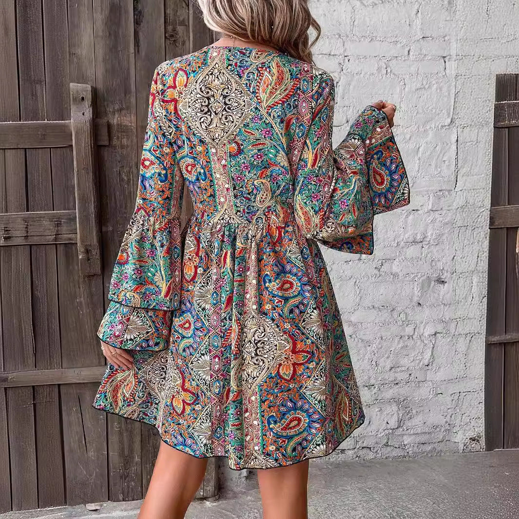Floral Print V-Neck Flare-Sleeve Dress