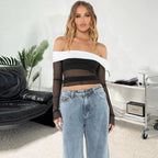 Women’s Zebra Print Sheer Mesh Off Shoulder Crop Top