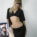 Street Slim Fit Sequined V Neck Patchwork Bell Sleeve Cropped Top
