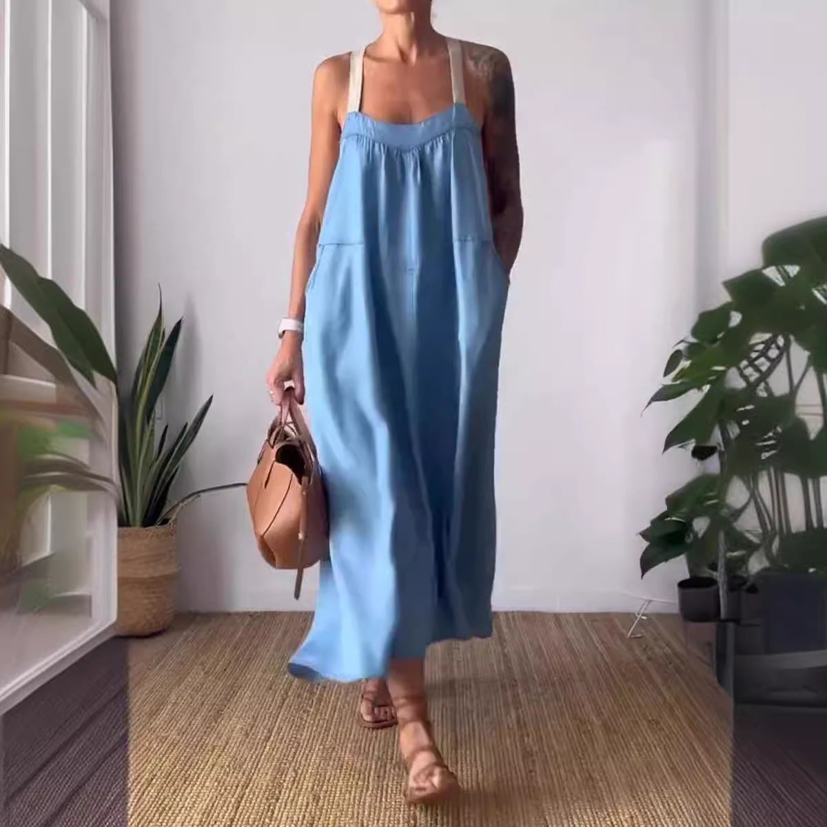 Popular Summer Casual Cotton Linen Suspender Dress