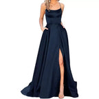 Women's Crew-Neck Satin Backless Split Cami Maxi Dress