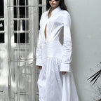 Spring Summer White Office Pleated A Line Dress Collared Long