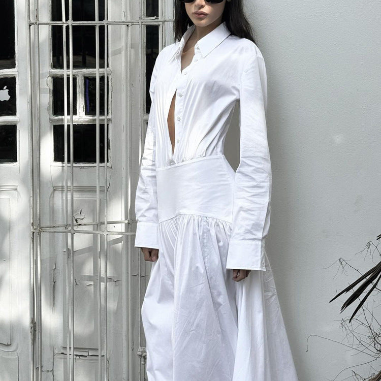 Spring Summer White Office Pleated A Line Dress Collared Long